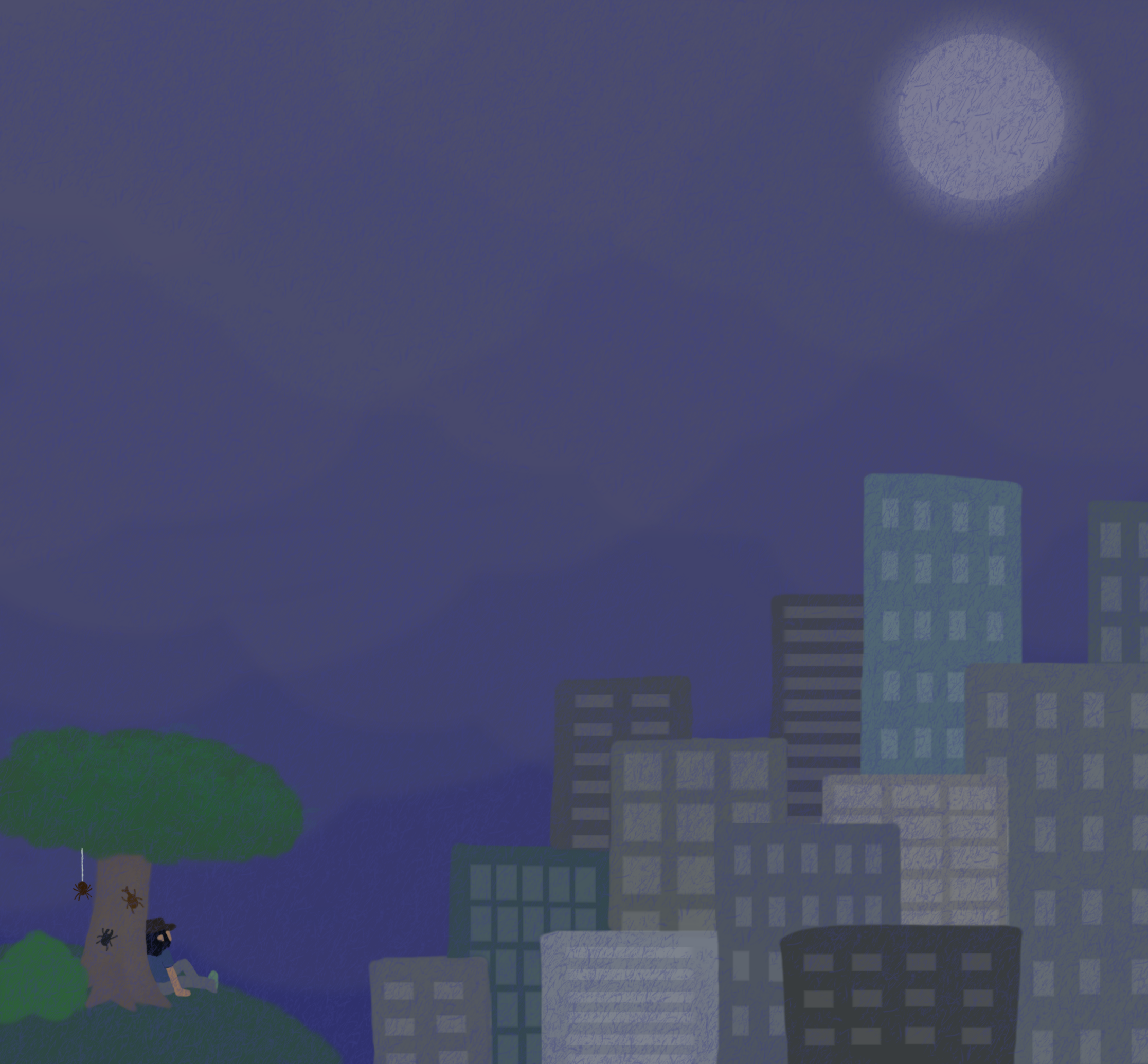 a painting depicting a girl sitting under a tree on a hill during a rainstorm. a few beetles and a spider can be seen on the tree. she looks off at a large cityscape in the distance, with many tall rectangular buildings reaching upward. the full moon is visible shining through the cloud layer.